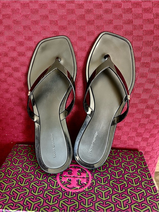 Tory Burch Shoes - Tory Burch Black Patent Leather Square-Toe Thong Sandals
